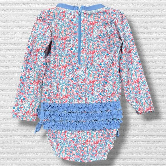 RuffleButts Girls Long Sleeve Rash Guard Swimsuit 2T UPF 50+ Blue Pink Floral - Picture 4 of 5